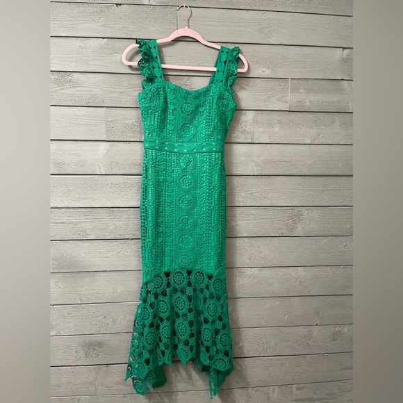 NWT Vici Emerald Green Crochet Lace Ruffle Midi Dress XS Feminine Chic Vacation - Picture 7 of 9